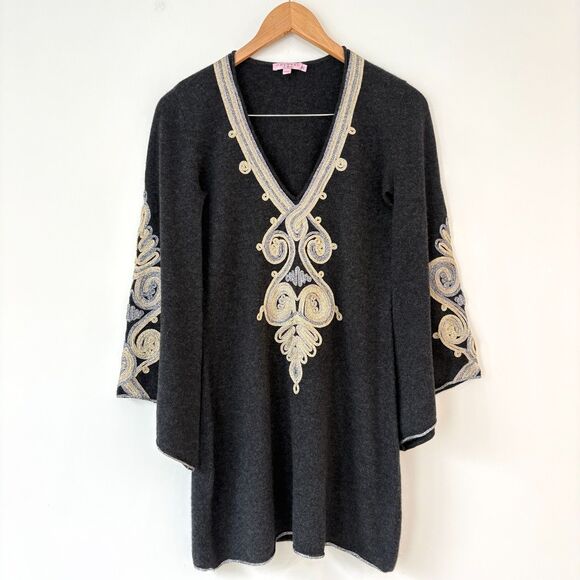 Calypso St. Barth Gray Metallic Ribbon Embroidered Cashmere Bell Sleeve Dress XS - Picture 2 of 11